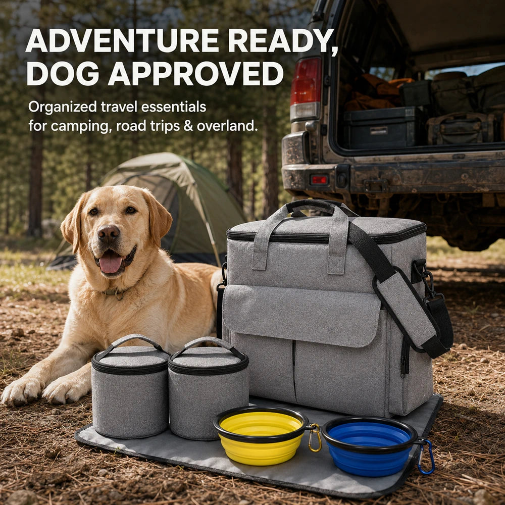 Domvire Dog Travel Bag for Camping & Overland – Pet Gear Organizer with Food Containers, Bowls & Feeding Mat