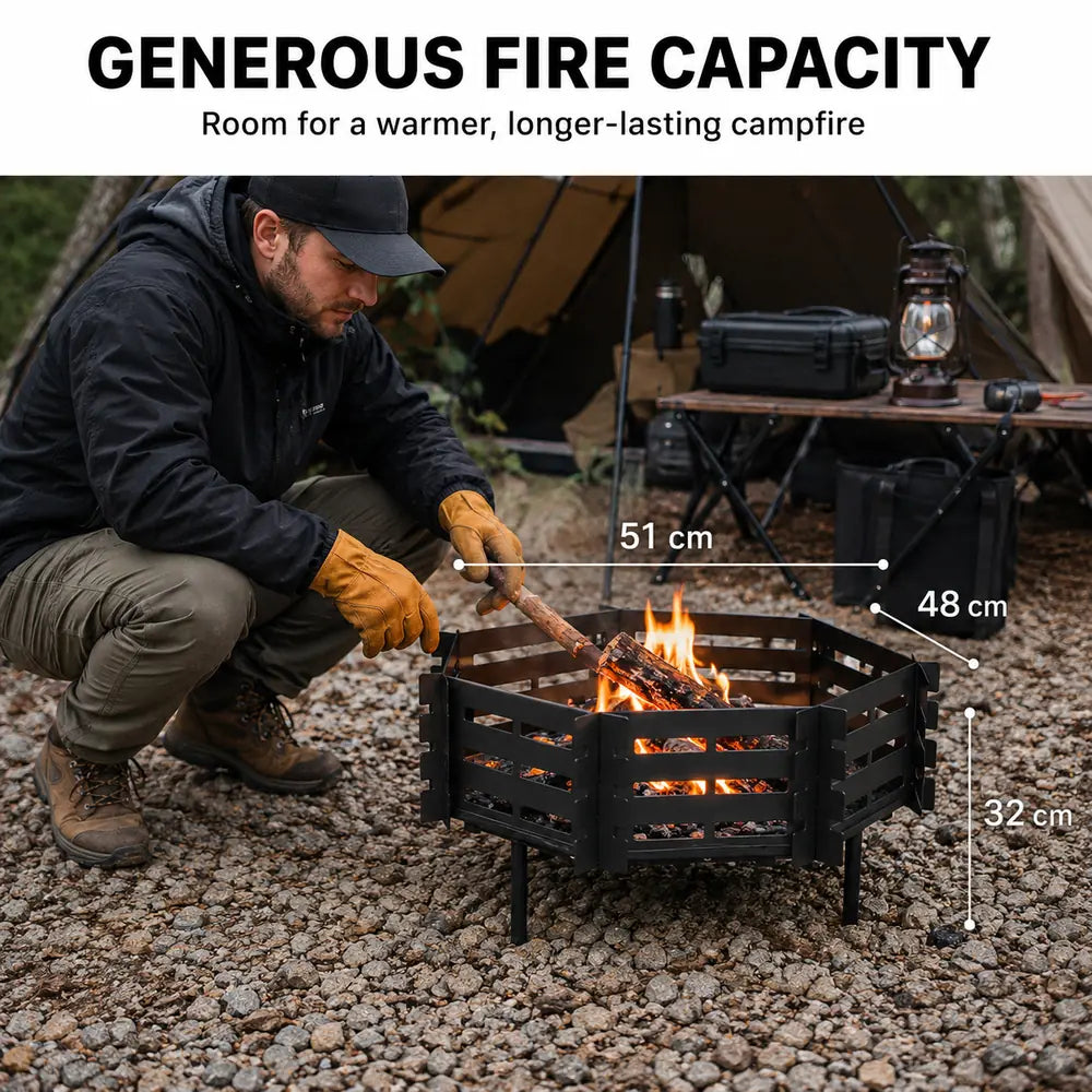 Portable Hexagonal Fire Pit with Carry Bag – Heavy-Duty Carbon Steel Campfire Pit for Overlanding & Car Camping