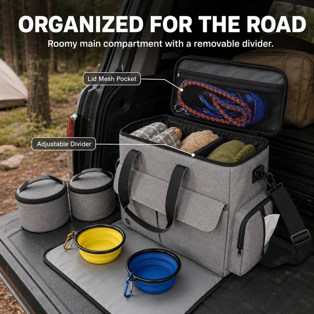 Domvire Dog Travel Bag for Camping & Overland – Pet Gear Organizer with Food Containers, Bowls & Feeding Mat