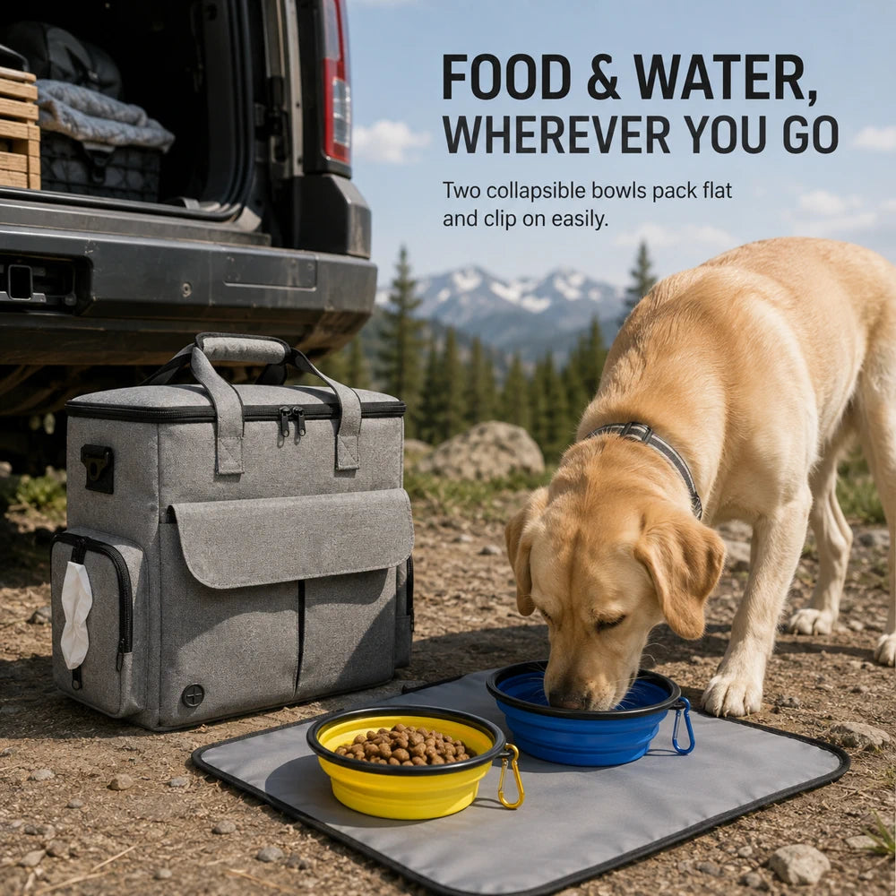 Domvire Dog Travel Bag for Camping & Overland – Pet Gear Organizer with Food Containers, Bowls & Feeding Mat
