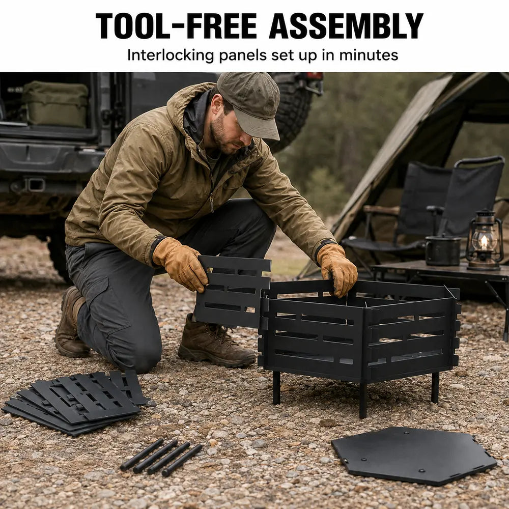 Portable Hexagonal Fire Pit with Carry Bag – Heavy-Duty Carbon Steel Campfire Pit for Overlanding & Car Camping