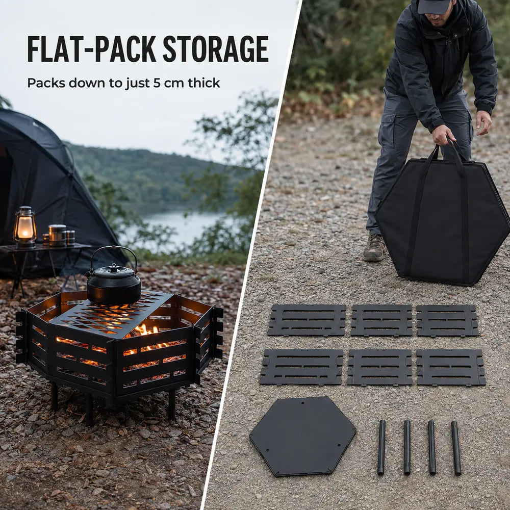 Portable Hexagonal Fire Pit with Carry Bag – Heavy-Duty Carbon Steel Campfire Pit for Overlanding & Car Camping