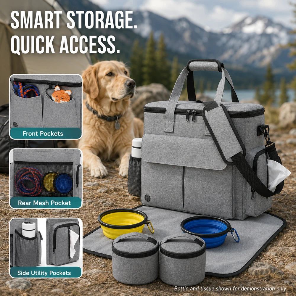 Domvire Dog Travel Bag for Camping & Overland – Pet Gear Organizer with Food Containers, Bowls & Feeding Mat
