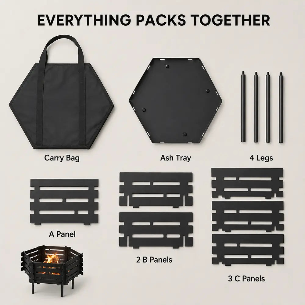 Portable Hexagonal Fire Pit with Carry Bag – Heavy-Duty Carbon Steel Campfire Pit for Overlanding & Car Camping