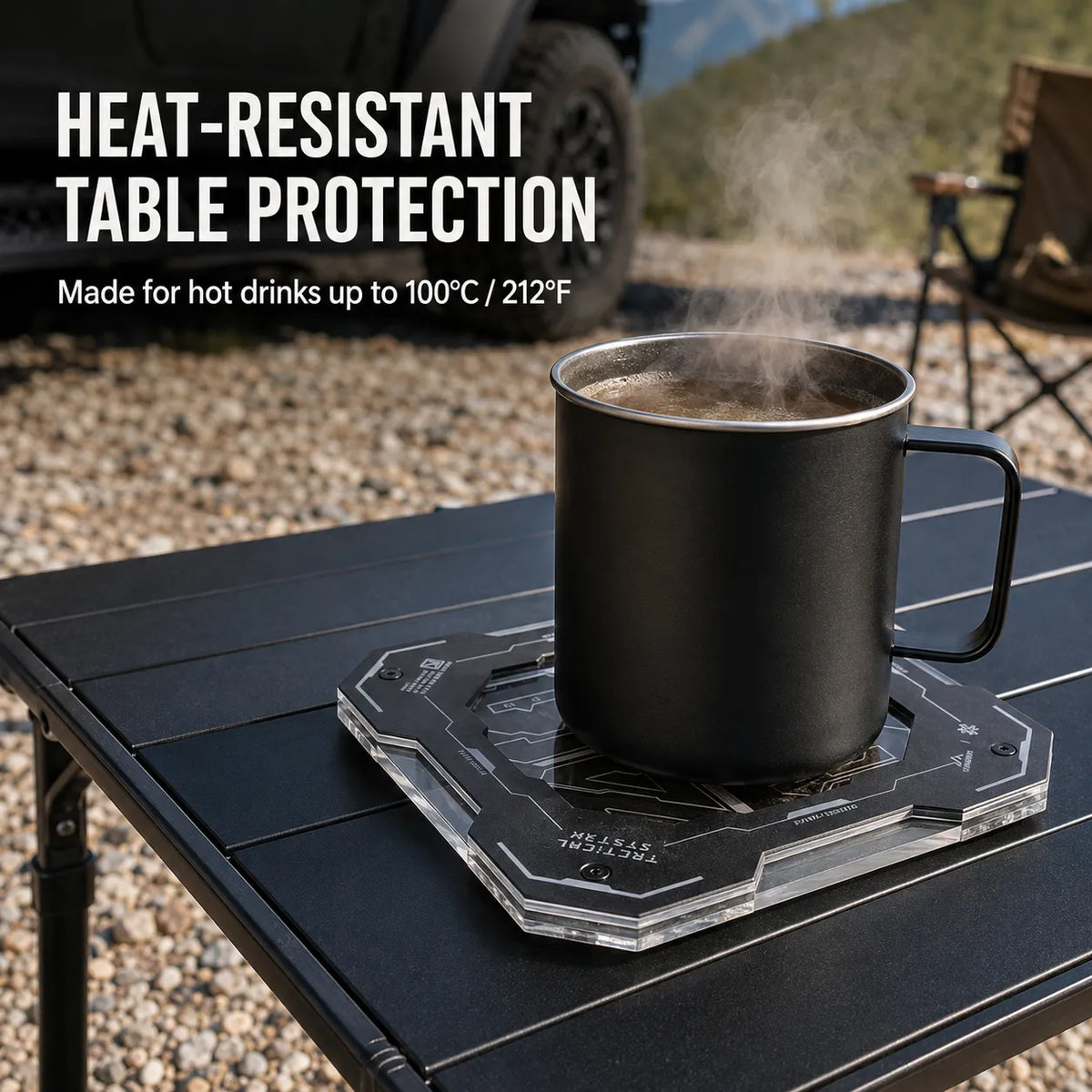 Tactical Camping Coaster – Heat-Resistant Aluminum & Acrylic Cup Mat for Overlanding