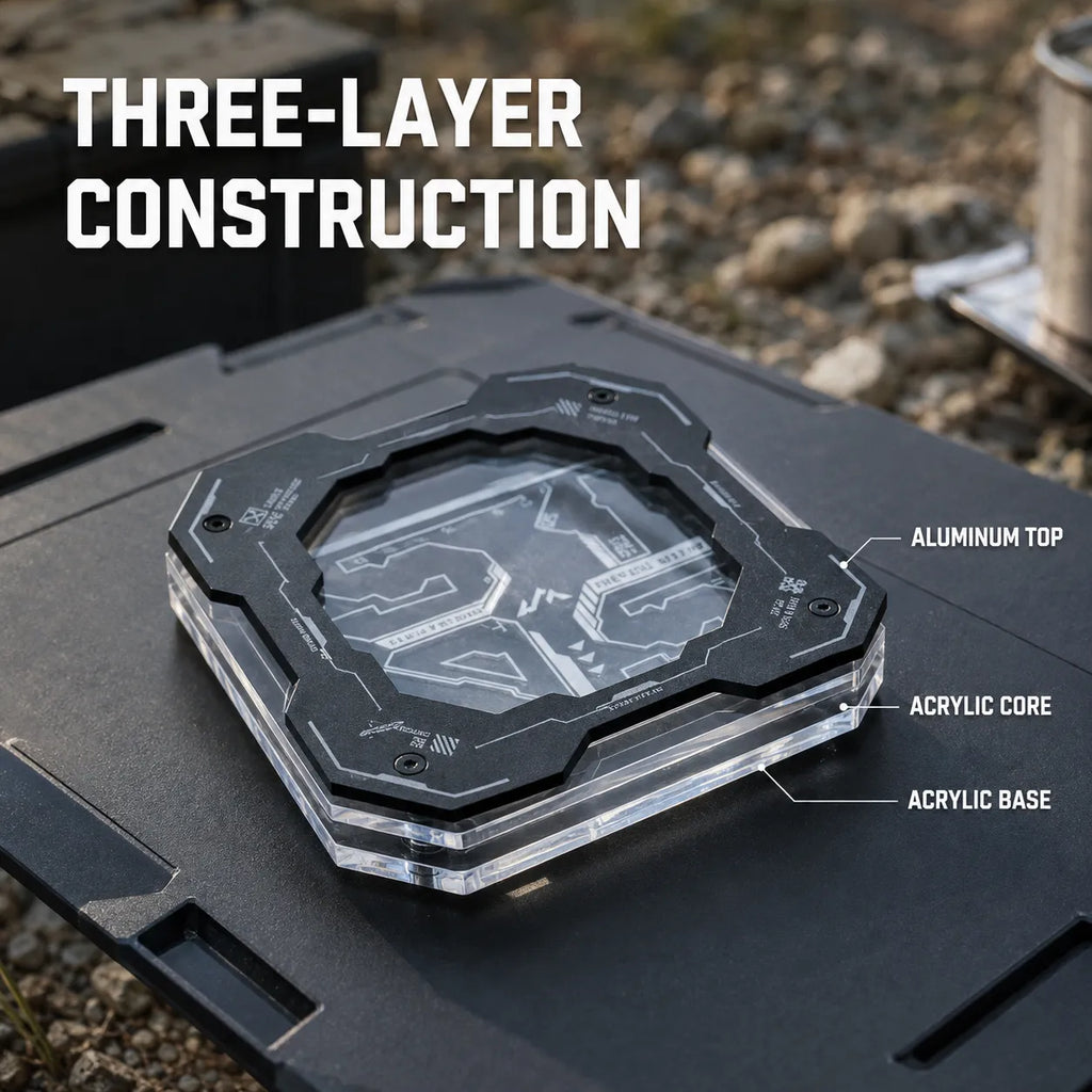 Tactical Camping Coaster – Heat-Resistant Aluminum & Acrylic Cup Mat for Overlanding