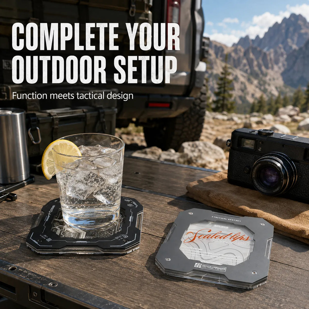 Tactical Camping Coaster – Heat-Resistant Aluminum & Acrylic Cup Mat for Overlanding