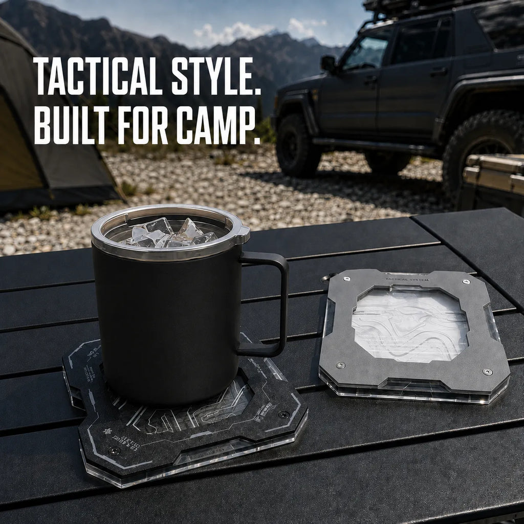 Tactical Camping Coaster – Heat-Resistant Aluminum & Acrylic Cup Mat for Overlanding