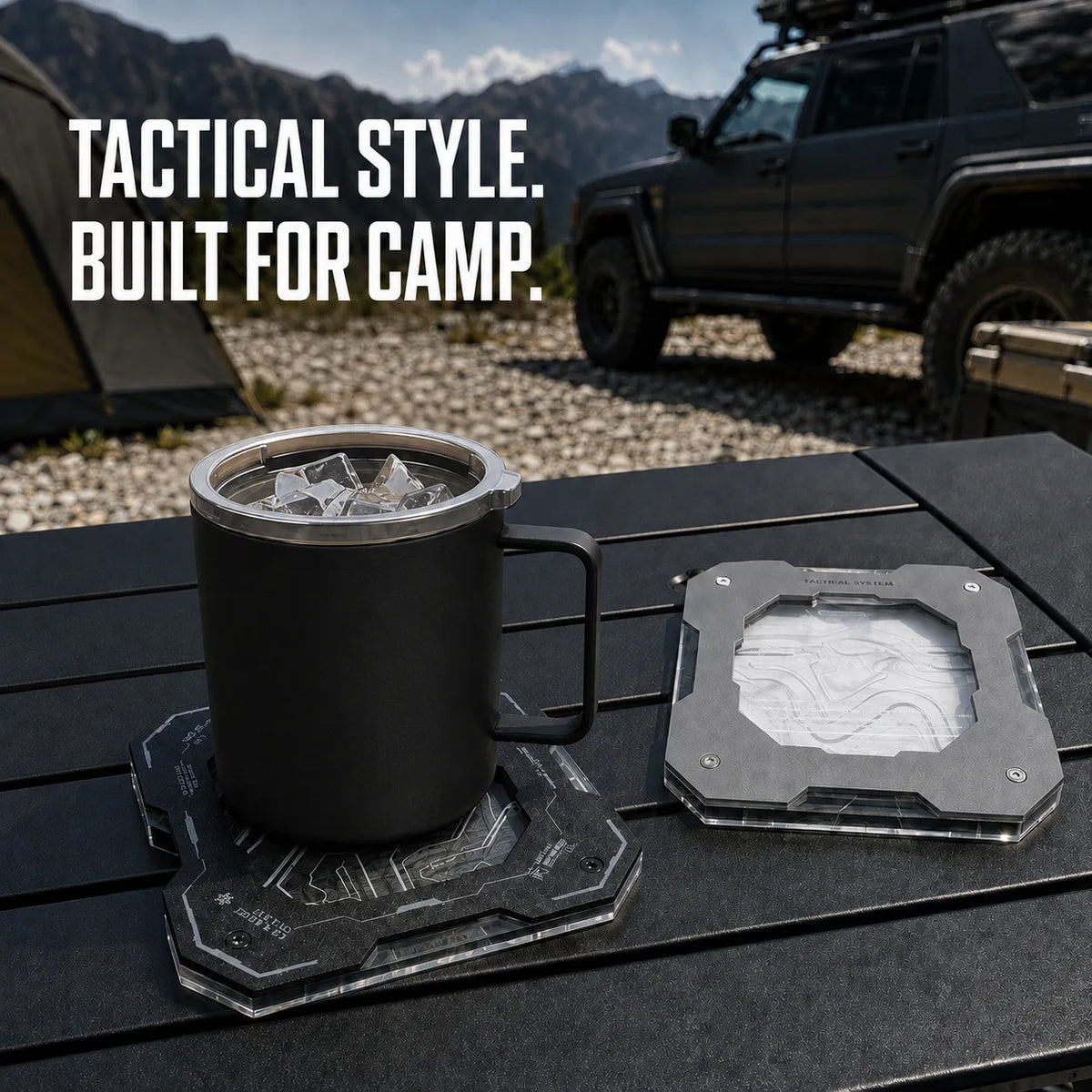 Tactical Camping Coaster – Heat-Resistant Aluminum & Acrylic Cup Mat for Overlanding