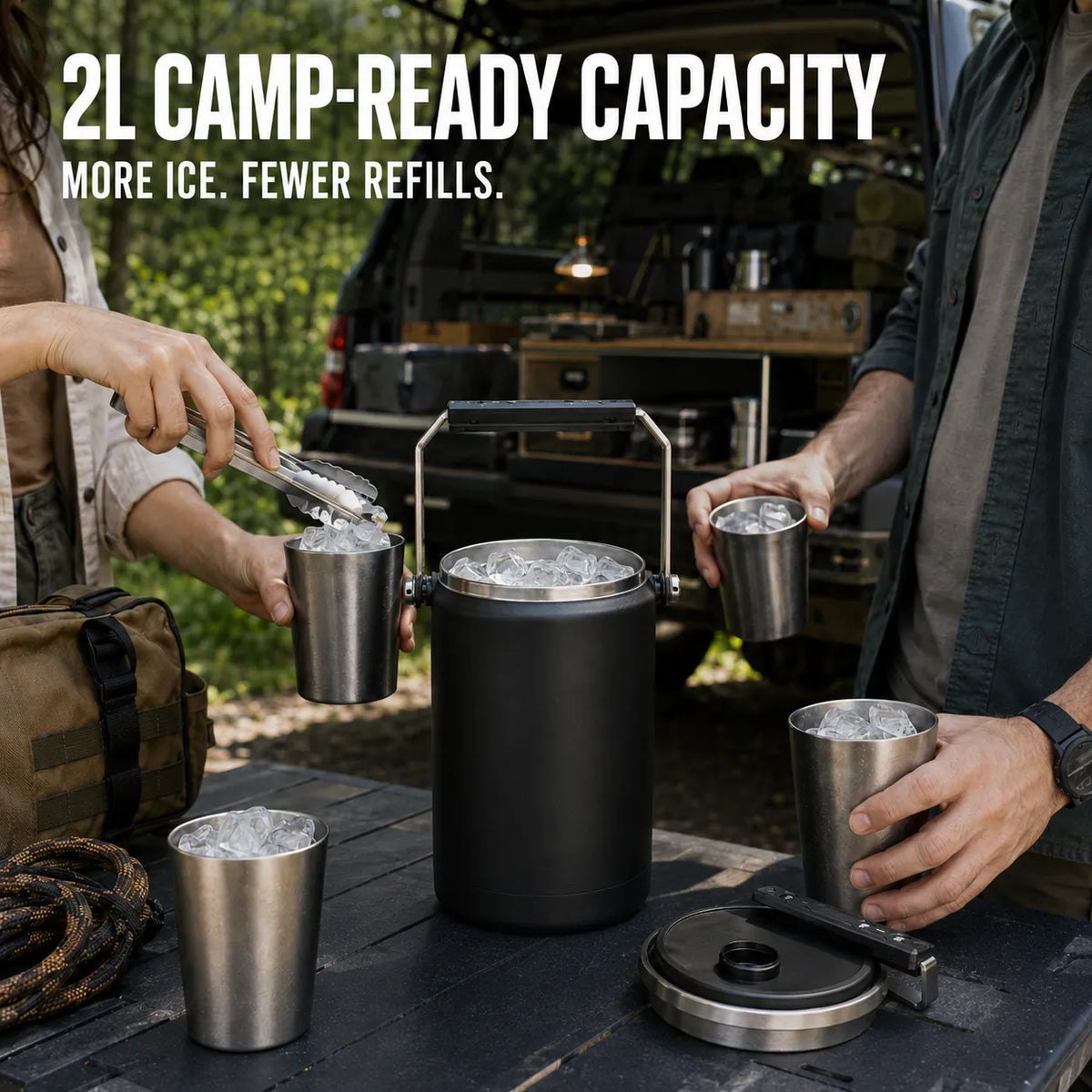 2L Vacuum Insulated Camping Jug & Ice Bucket – 48H Cold for Overlanding