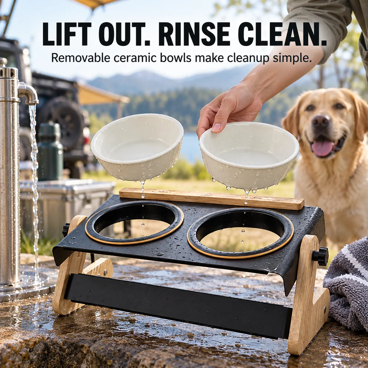 Domvire Adjustable Elevated Dog Bowls with Ceramic Bowls – Camping & Travel Feeder